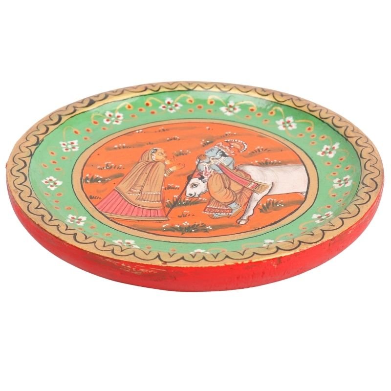 Wooden Hand Painted Decorative Lord Krishna Painting Wooden Plate