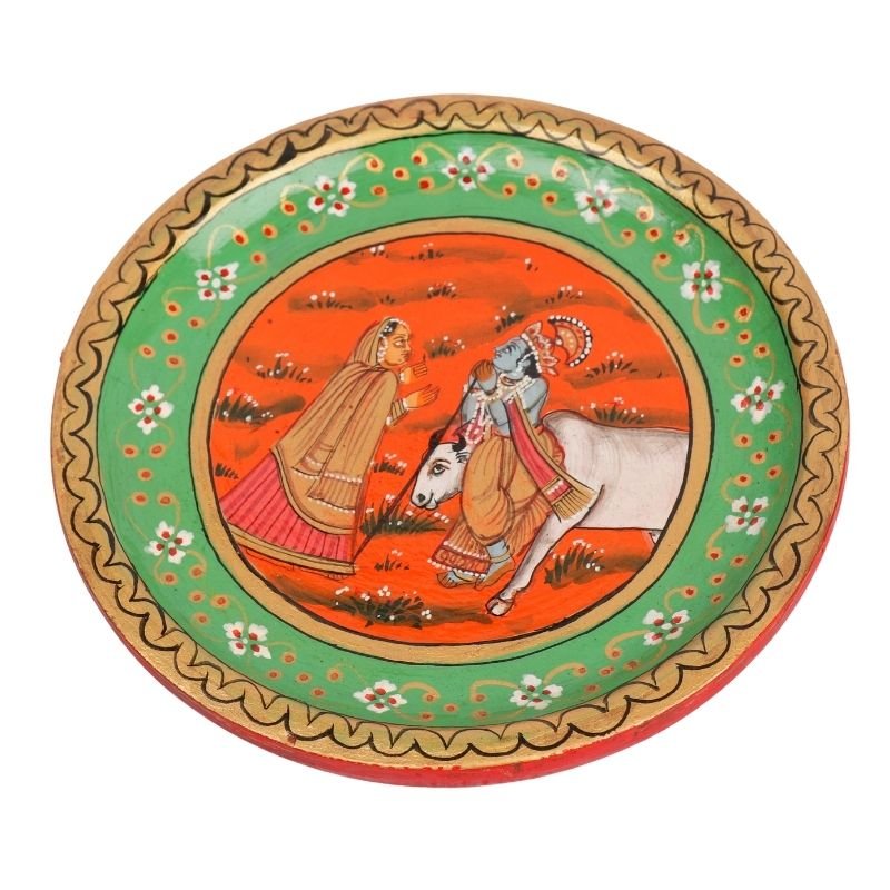 Wooden Hand Painted Decorative Lord Krishna Painting Wooden Plate
