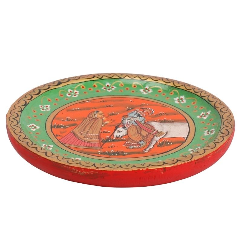 Wooden Hand Painted Decorative Lord Krishna Painting Wooden Plate
