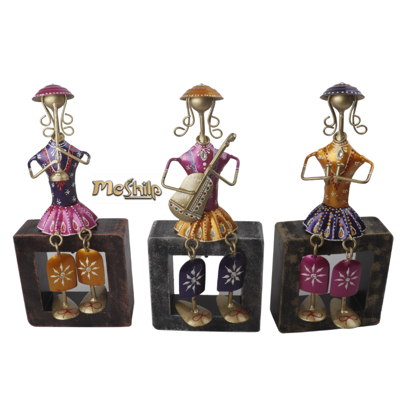 Iron Multi Color Decorative Leady Musician Show piece for home,Office Decor, Set of 3 With Wooden Stand
