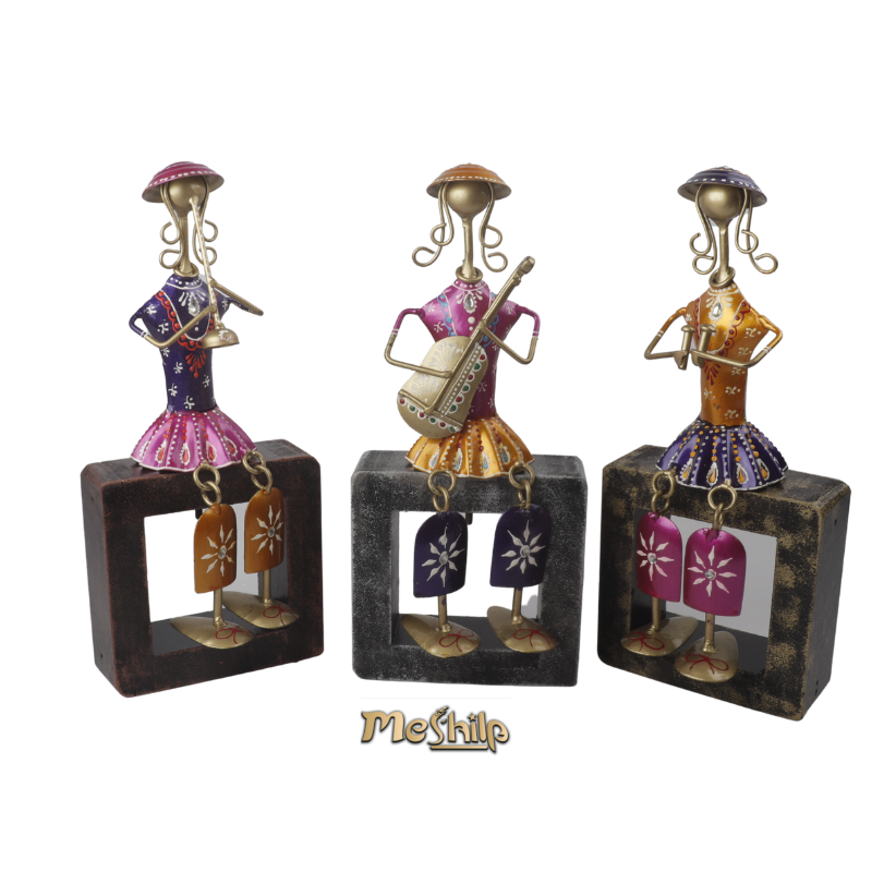 Iron Multi Color Decorative Leady Musician Show piece for home,Office Decor, Set of 3 With Wooden Stand